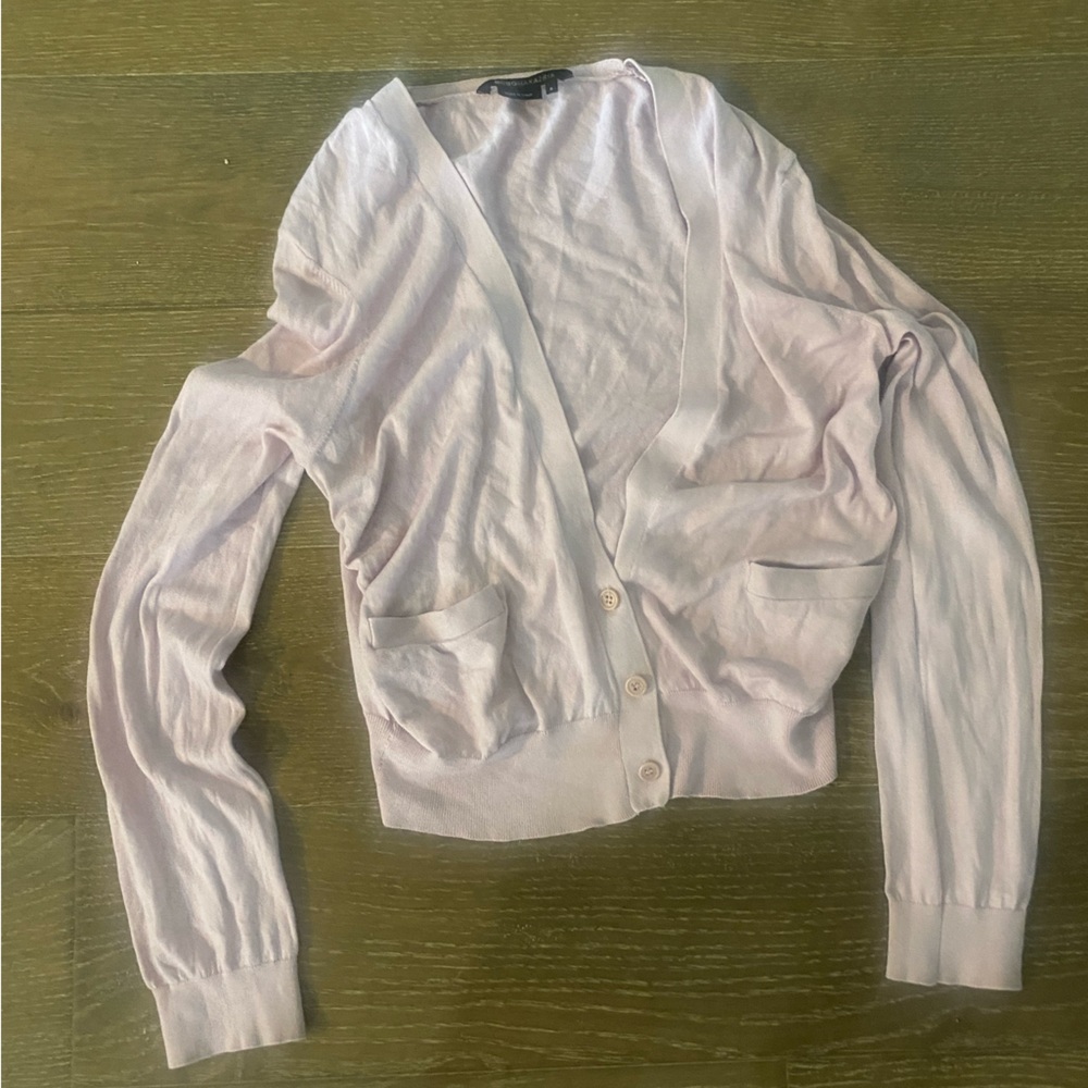 BCBGMAXAZRIA Pink Lavender Cropped Ruched Knit Sweater Cardigan Top Buttons S
